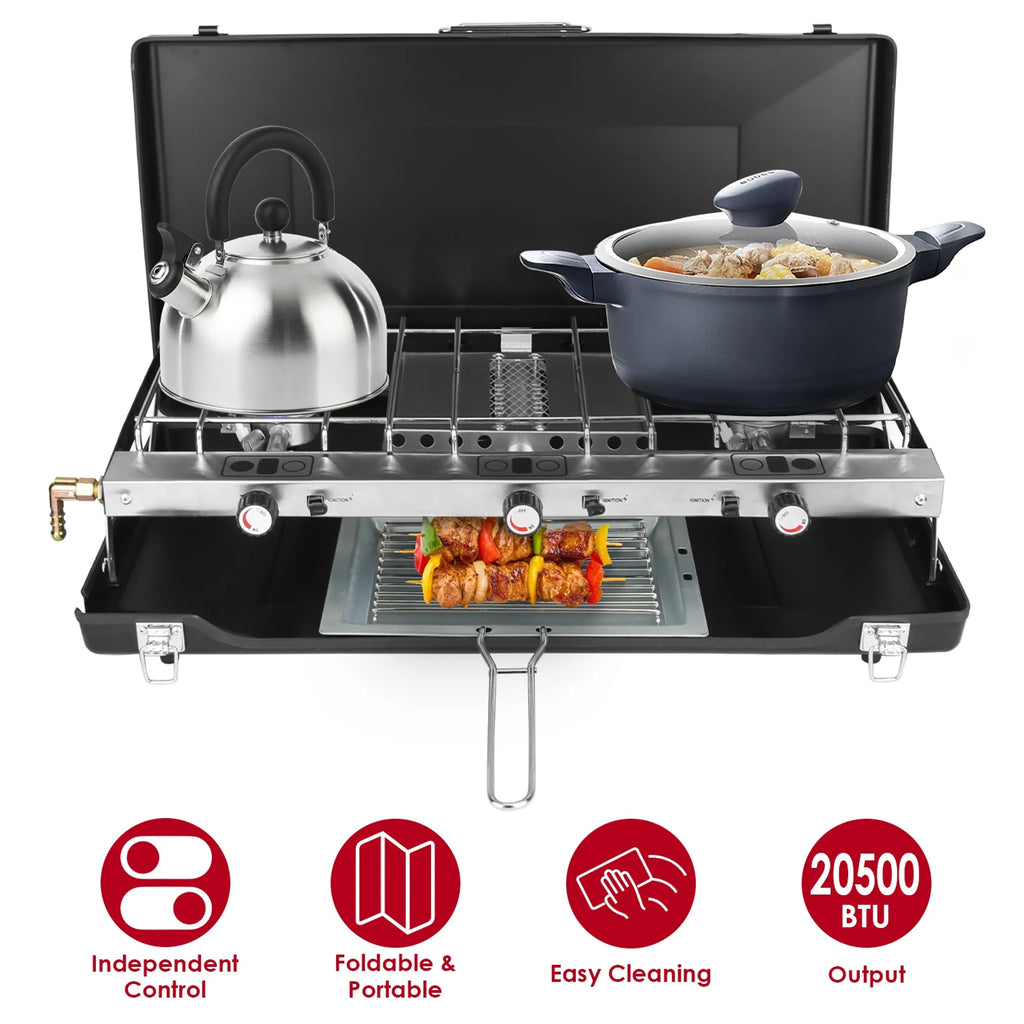 3 Burner Camping Stove 20000 BTU Portable Foldable Propane Stove