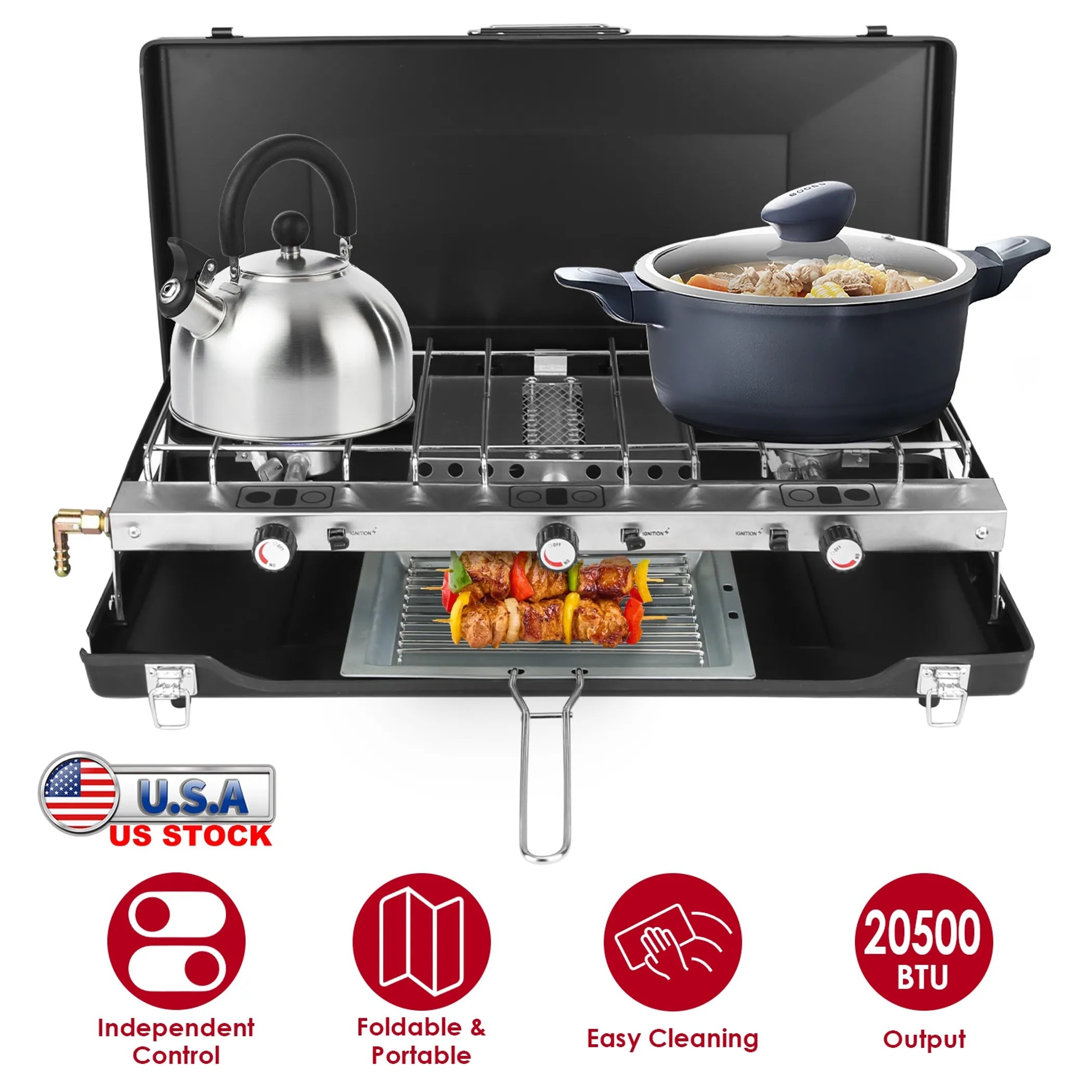 3 Burner Camping Stove 20000 BTU Portable Foldable Propane Stove